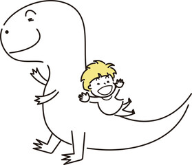 ティラノサウルスの背中を滑って遊ぶ子供のイラスト素材