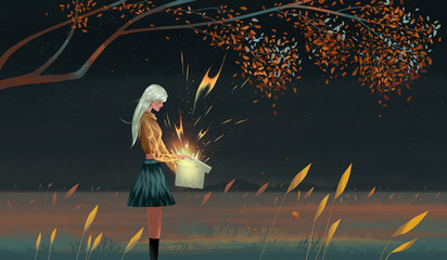 The girl is opening the glowing gift.Warm illustration