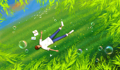 The man lying on the grass in summer.Comfortable lifestylepainting.