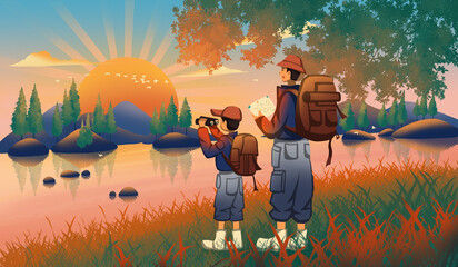 Father and son of outdoor travel.The boy holding the telescope and the man holding the map.Adventurer father and son painting