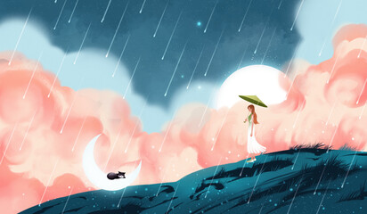 Girl who beats an umbrella in the rain.Cloud Dream Painting