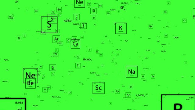 Black periodic table of chemistry fly towards camera