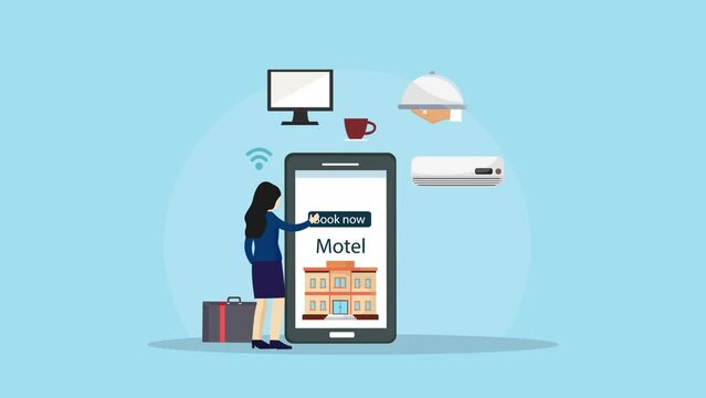 Businesswoman book motel room online on cellphone
