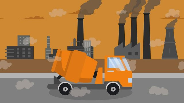 Cement mixer truck moving near polluted factory