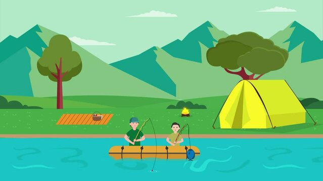 Child fishing with his son on lake near campsite