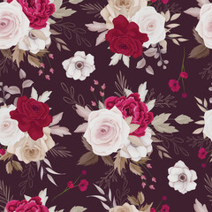 Floral seamless pattern of brown and maroon roses and leaves arrangements