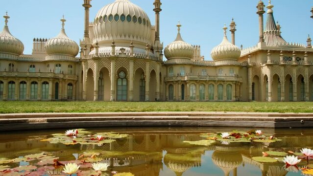 Establishing view of the stunning Royal Pavilion, also known as the Brighton Pavilion, a former royal residence completed in 1823