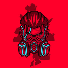 Samurai face cyberpunk style logo vector fiction illustration. Isolated tshirt design with red background. 