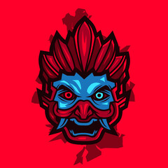 Samurai face cyberpunk style logo vector fiction illustration. Isolated tshirt design with red background. 