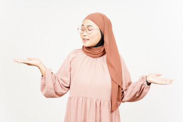 Showing and Presenting two Product on Open Palm of Beautiful Asian Woman Wearing Hijab