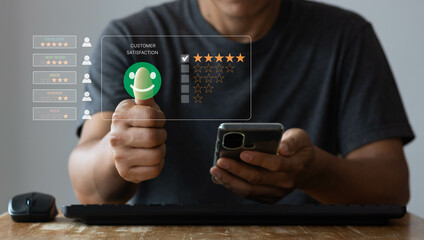 Customer review satisfaction feedback survey concept, Man give rating to service experience on  online application, Customer can evaluate quality of service leading to reputation ranking of business