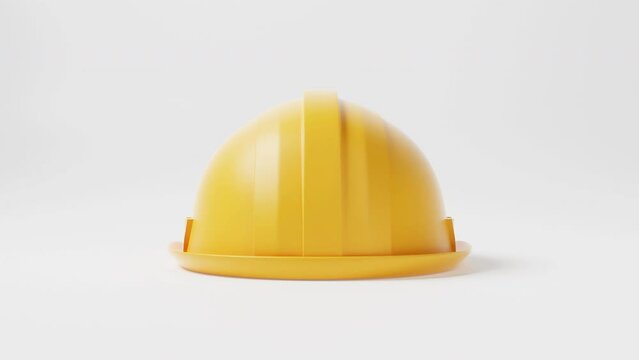Seamless looping yellow hardhat construction helmet motion rotating 360 degrees angle on white background. Business and industrial safety concept