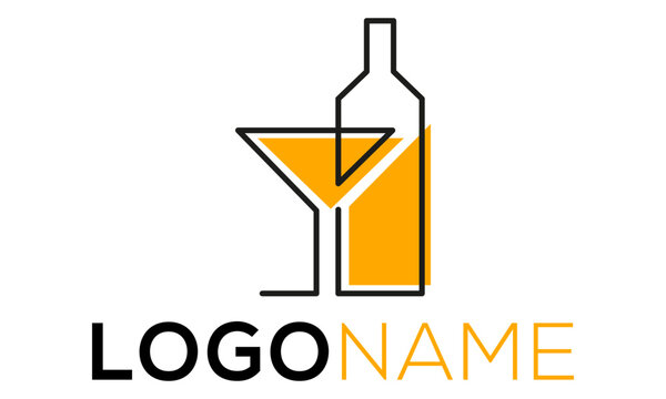 Black and Orange Color Line Art Wine Glass and Bottle Logo Design