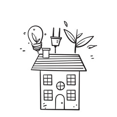 hand drawn doodle house with electric bulb and plant symbol for eco living illustration