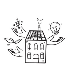hand drawn doodle house with electric bulb and plant symbol for eco living illustration