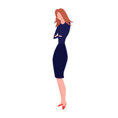 A woman in a beautiful dress standing with crossed arms. Flat vector illustration isolated on a white background.