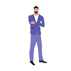A man with a beard in a stylish suit stands with crossed arms. Flat vector illustration isolated on a white background.