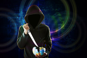 Hooded man using knife to stab globe in cyberspace