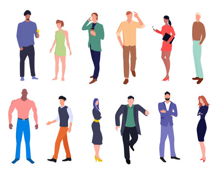 People in various poses. Set of diverse modern man and woman. Flat vector illustration isolated on a white background.