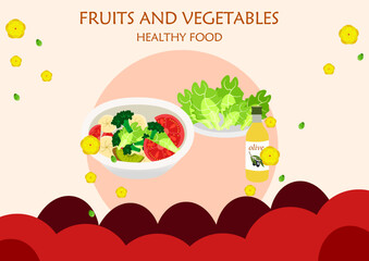 healthy food, fruits, vegetables, healthy ingredients in a dish