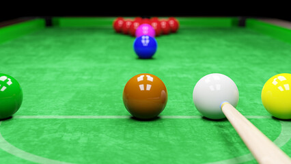 Snooker pool table and billiards ball with dimness light . 3D rendering .