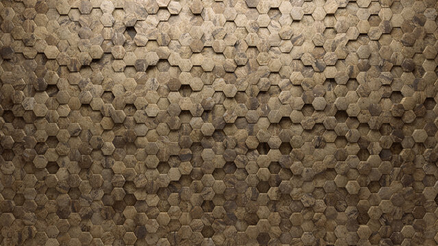 Polished, 3D Wall background with tiles. Hexagonal, tile Wallpaper with Natural Stone, Textured blocks. 3D Render