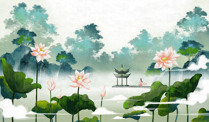 Eastern lotus, beautiful Asian landscape.Classical style painting.