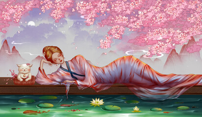 Woman next to the peach tree.Classical Oriental Women's Painting