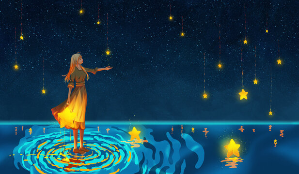 女孩和坠落的星唯美梦幻插画