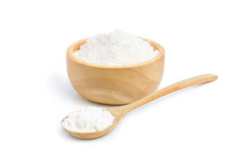 Tapioca starch (potato flour or powder) in wooden bowl and spoon isolated on white background. - obrazy, fototapety, plakaty