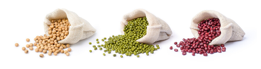 Set of mix bean (soy beans, green mung bean and Adzuki bean) in sack bag isolated on white background.