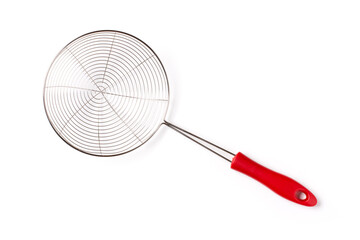 Metallic colander with long red plastic handle isolated on white background, top view, flat lay.