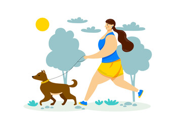woman running with her dog illustration vector