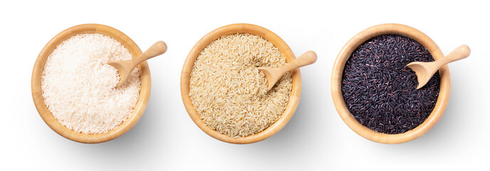 Various types and colors of rice ; , white jasmine rice, brown coarse rice and black rice in wooden bowl with spoon isolated on white background, top view, flat lay.