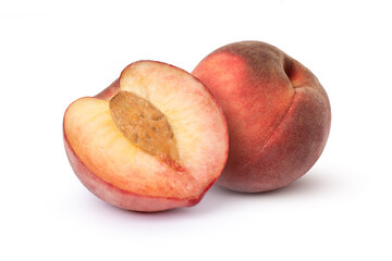 Peach fruit with half slice isolated on white background.