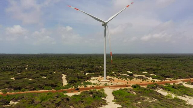 Top view of Wind turbines on the coastline. Wind power plant. Mannar, Sri Lanka.