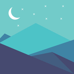 Obraz na płótnie Canvas Beautiful night time high mountains design with moon and stars