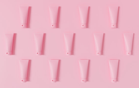 Product 3d Pink Cosmetic Bottle Top View. Cleansing Foam Background.