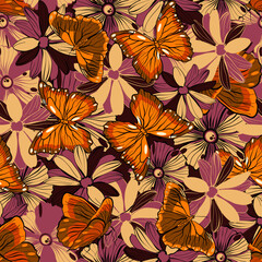 Seamless vector floral pattern with autumn orange butterflies and flowers 