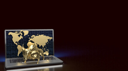 The gold bull on notebook for business background 3d rendering