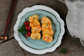 Tamagoyaki, Korean Egg Roll with Carrot and Spring Onion. Gyeran Mari, Top View