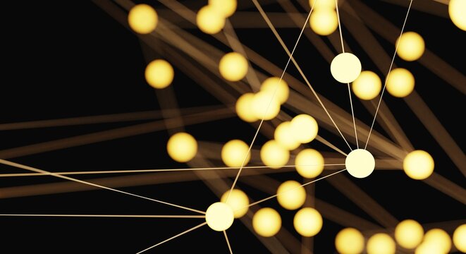 Abstract gold and yellow network glowing illumination node background in the dark space. Science bonding and digital data concept. 3D illustration rendering - Powered by Adobe