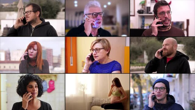 Multi screen of man and woman talking on cellphones. People using smartphone