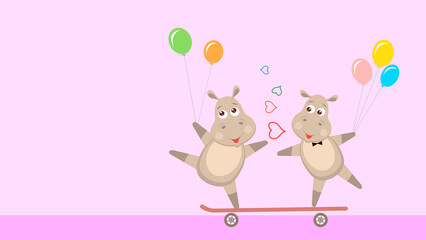 Funny animals, Two cute hippos riding a skateboard.  Cartoon-style illustration.