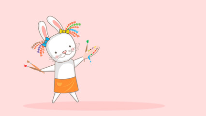 Funny animals, Cute bunny artist, with brushes and paints. Cartoon-style illustration.