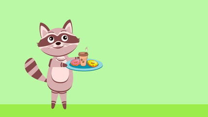 





Animals. Funny little raccoon brings hot coffee and croissants.
