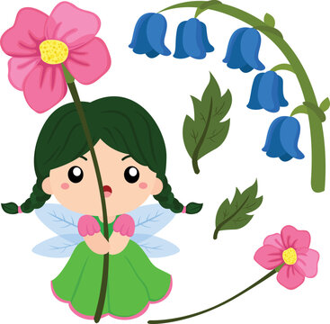 Garden Fairies and Flowers Illustration Vector Clipart