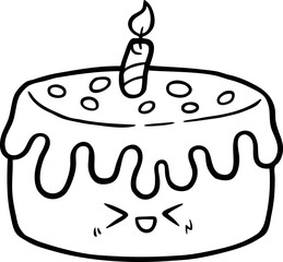 Vector Cartoon Happy Cake With Candle And Sprinkles Line Art