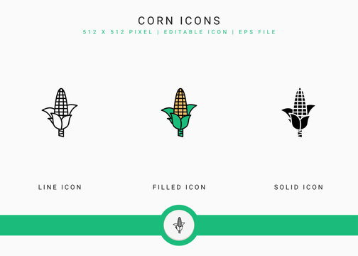 Corn Icons Set Vector Illustration With Solid Icon Line Style. Vegetable Healthy Concept. Editable Stroke Icon On Isolated Background For Web Design, User Interface, And Mobile Application