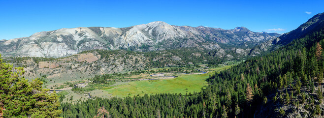 Scenic panoramic view of Leavitt Meadows in Toiyabe National Forest from Leavitt Falls Vista Point on Highway 108 in California